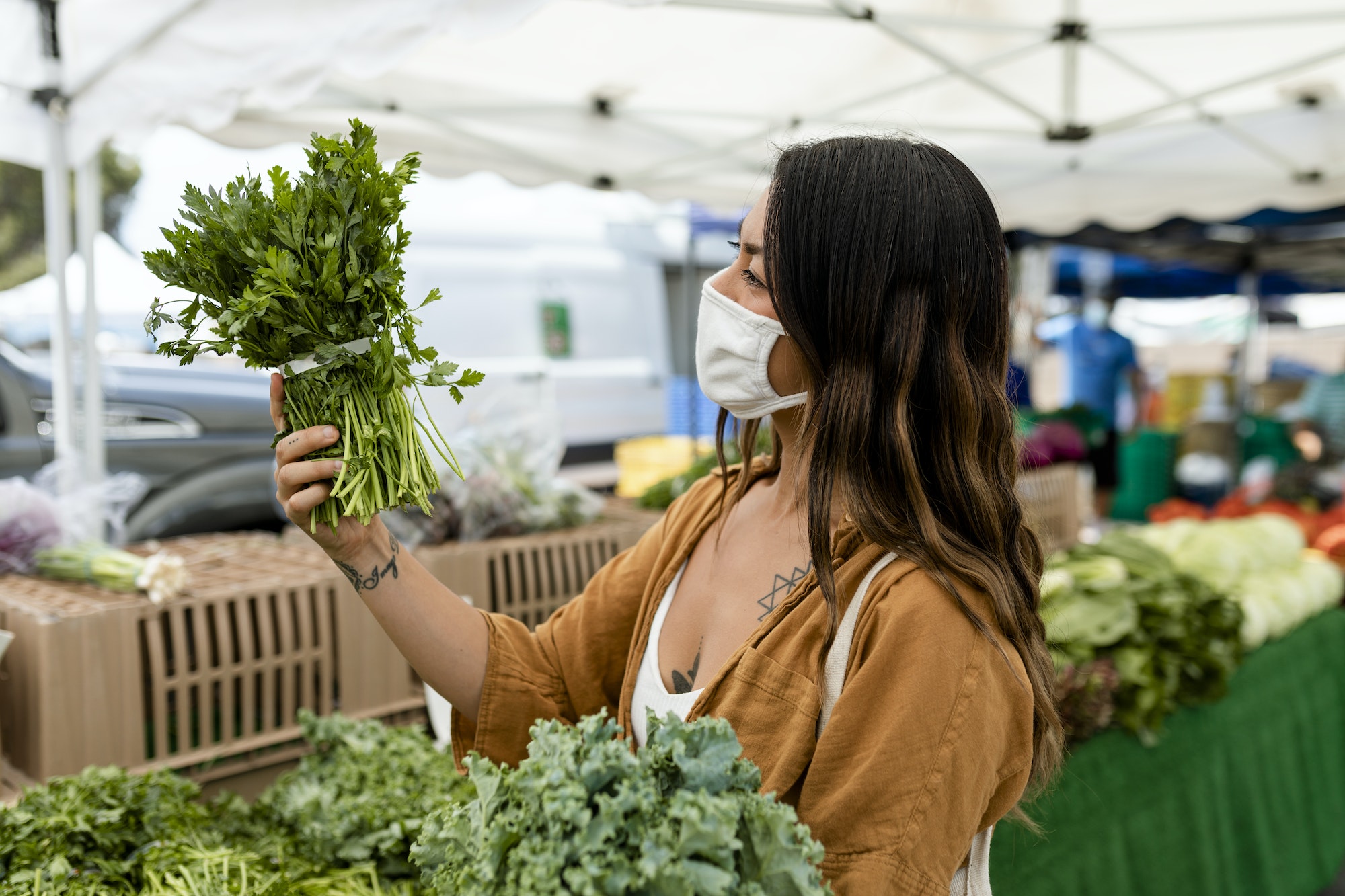 Woman shopping for vegetable, buying at fresh market